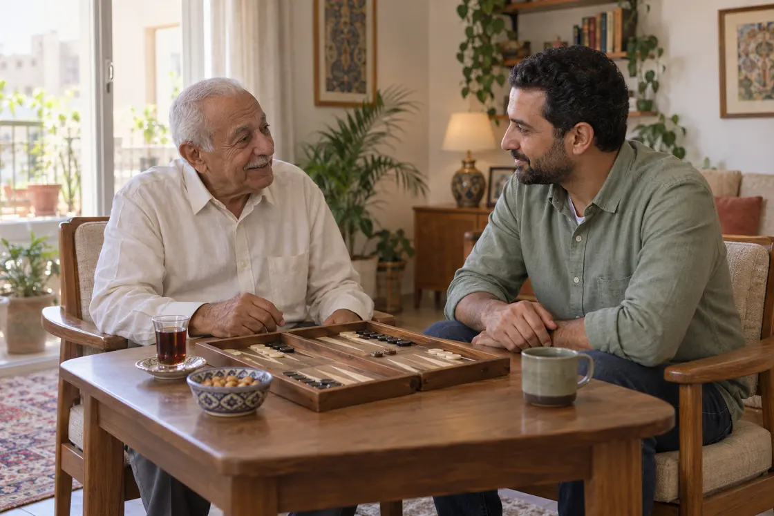 An older man and a male companion sharing a relaxed moment over backgammon