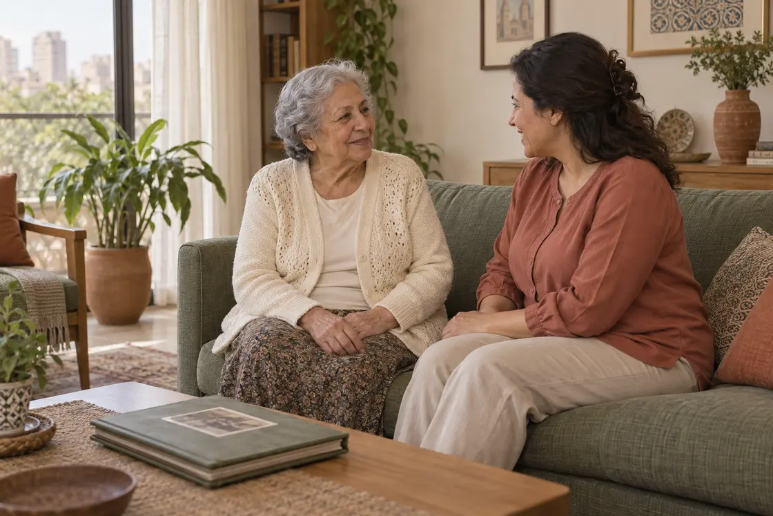 An older woman and a companion enjoying a conversation at home