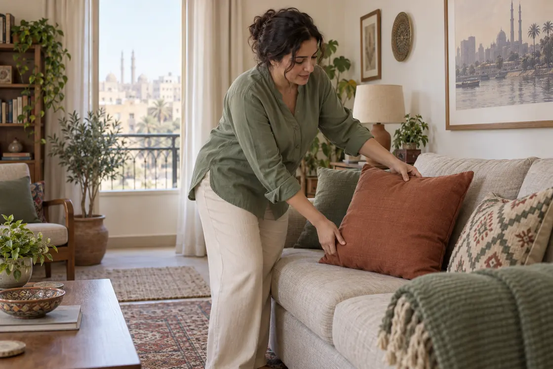 A housekeeper arranging sofa cushions in a sunlit living room