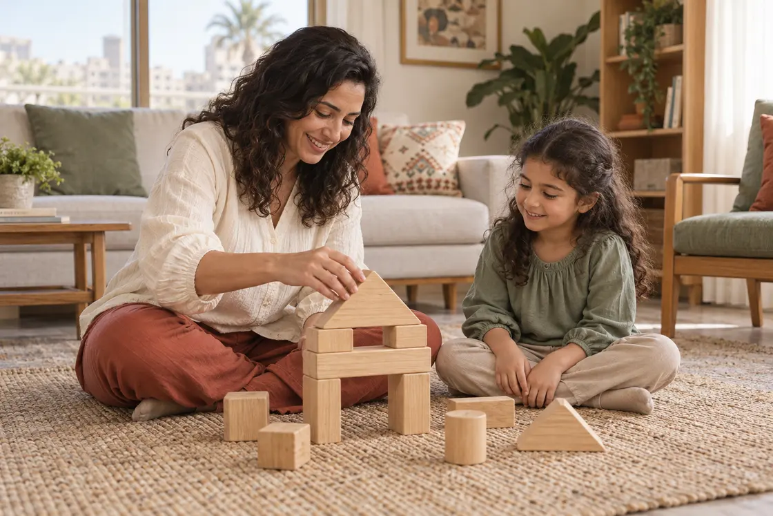 A nanny sharing a calm, age-appropriate wooden-block activity with a child
