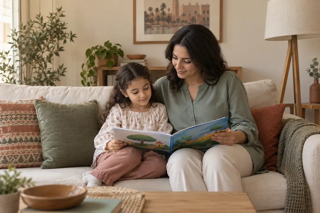 An adult nanny and a child sharing a picture book on the sofa